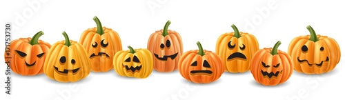 Halloween pumpkin head row with different expressions. Realistic vector illustration, with isolated pumpkins.
