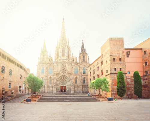 Square with cathedral church with sunlight in Gotic quarter of Barcelona, Spain