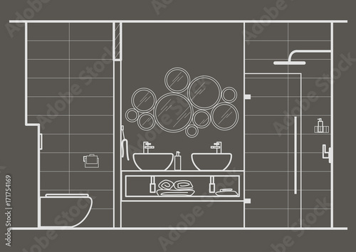 architectural linear sketch bathroom interior front view on gray background