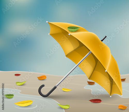 Yellow autumn umbrella in rainy weather in puddles, with fallen autumn leaves. Realistic vector illustration