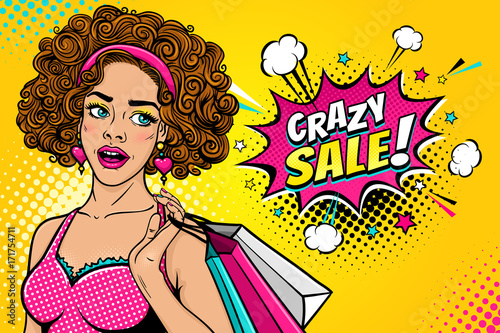 Wow female face. Sexy surprised young woman with open mouth and pink hair holding shopping bags and looking at the Crazy sale speech bubble. Vector colorful background in pop art retro comic style. 