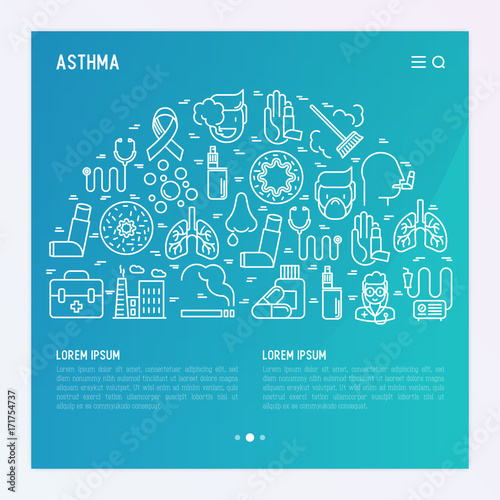 World asthma day concept with thin line icons: air pollution, smoking, respirator, therapist, inhaler, bronchi, allergy symptoms and allergens. Vector illustration for banner, web page, print media.