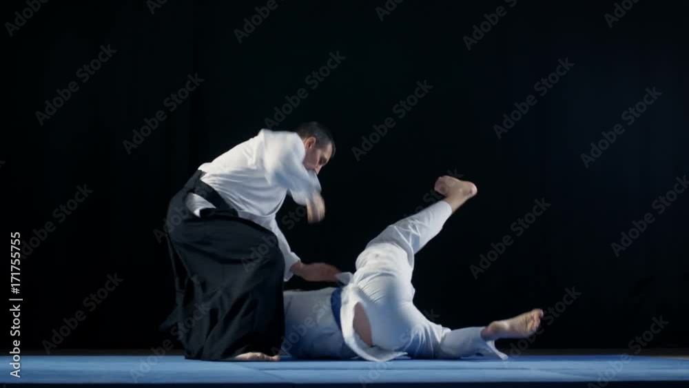 Martial Arts Master Wearing Hakamas Teaches Young Student Aikido