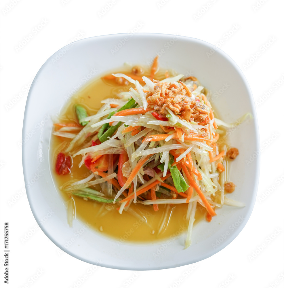 papaya salad with dired shrimp isolated on white background ,top view, Thai cuisine papaya salad with dired shrimp isolated on white background ,top view, Thai cuisine