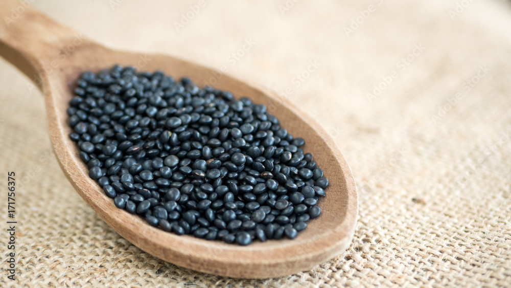 Beluga lentils in wooden spoon on burlap background. Black lentils Beluga lentils in wooden spoon on burlap background. Black lentils