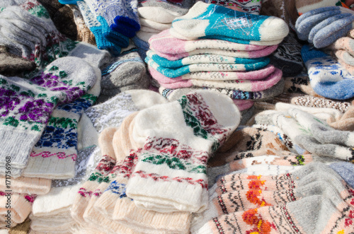 Variety woolen socks on christmas market.