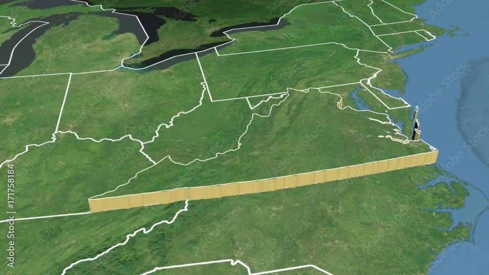 Virginia state (USA) extruded on the satellite map of North America ...