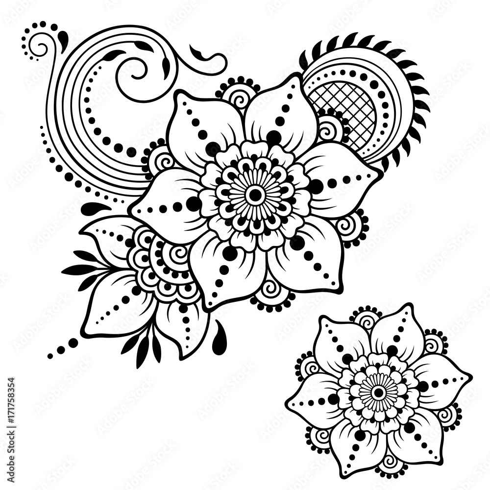 Fototapeta Henna tattoo flower template. Mehndi style. Set of ornamental patterns in the oriental style.