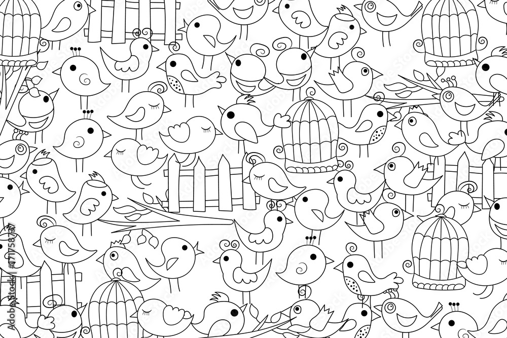 Birds summer or spring concept. Cartoon doodles background design. Hand drawn black and white outline coloring page vector illustration.
