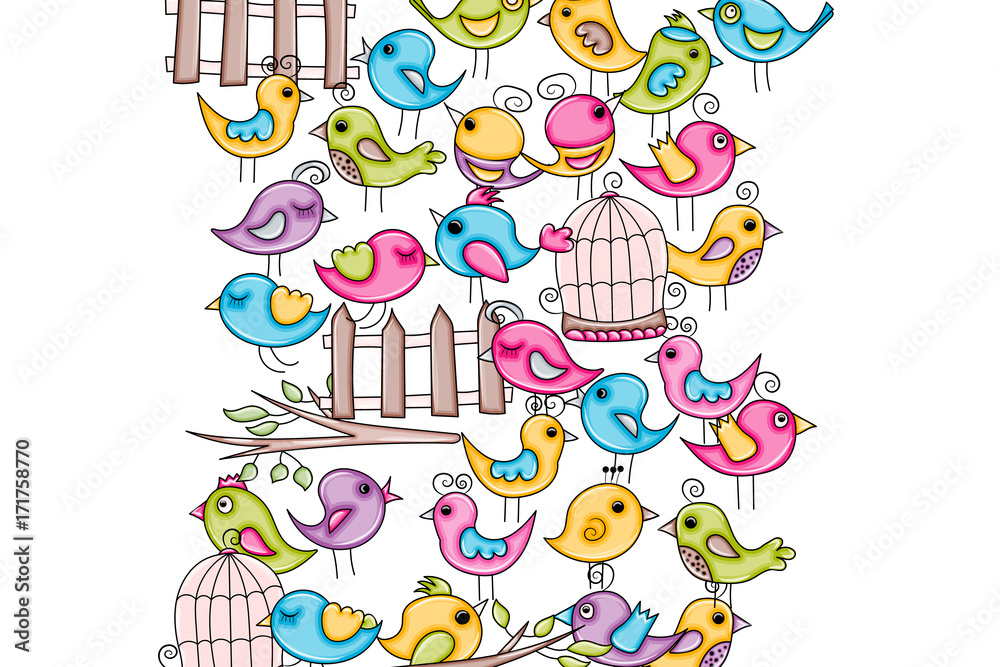 Birds summer or spring concept. 3d cartoon doodles background design. Hand drawn colorful vector illustration.