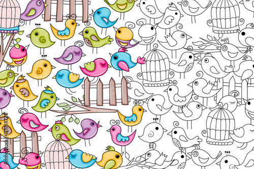 Birds summer or spring concept. Cartoon doodles background design. Hand drawn black and white outline coloring page vector illustration.