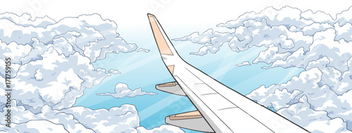 Illustration of aerial view from airplane with wing and clouds in color