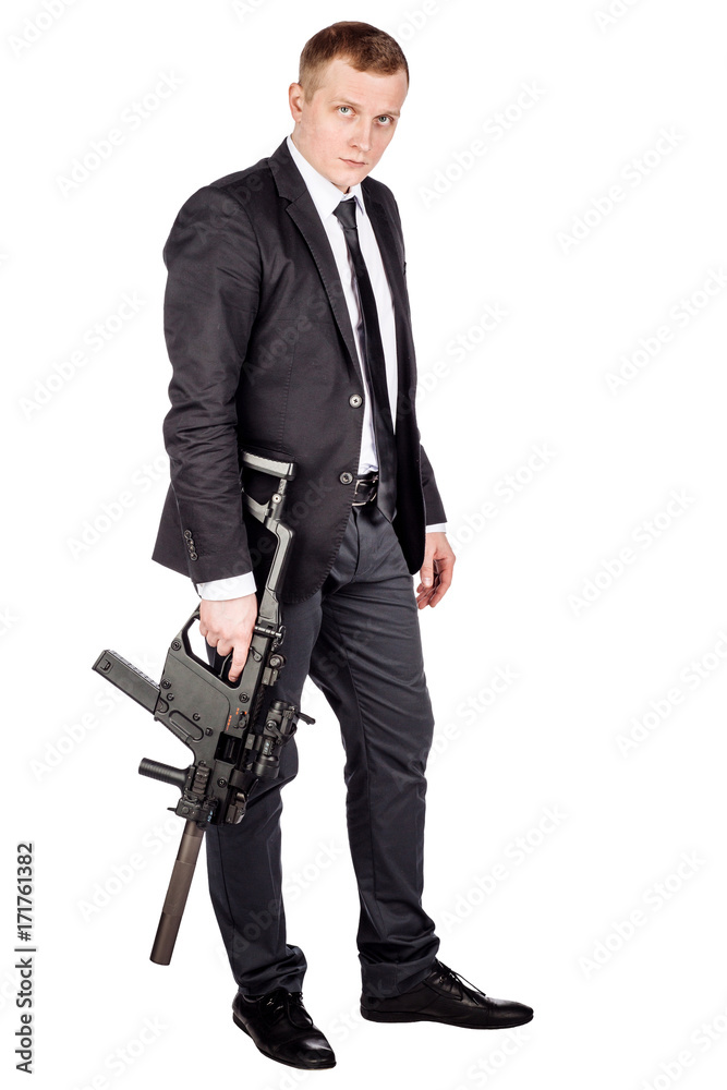 Secret aghent or spy holds rifle with silincer in hand. Isolated on white background. Secret aghent or spy holds rifle with silincer in hand. Isolated on white background.