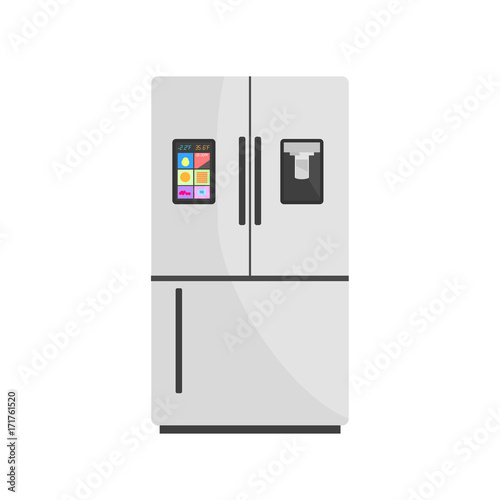 Modern Smart Fridge Isolated on Background. Vector Illustration of Refrigerator with Display and Ice Maker. Home Appliances Refrigerator, Fridge, Freezer. Flat Style.