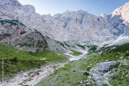 End of Vrata valley and Mt. Triglav north wall.