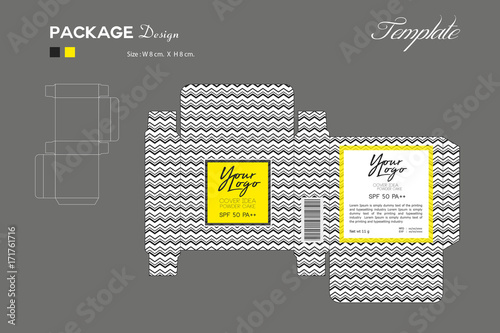 package puff powder skin color, box outline, Yellow background, ZigZag pattern, flyer template layout, cosmetics, spa, beauty, vector illustration