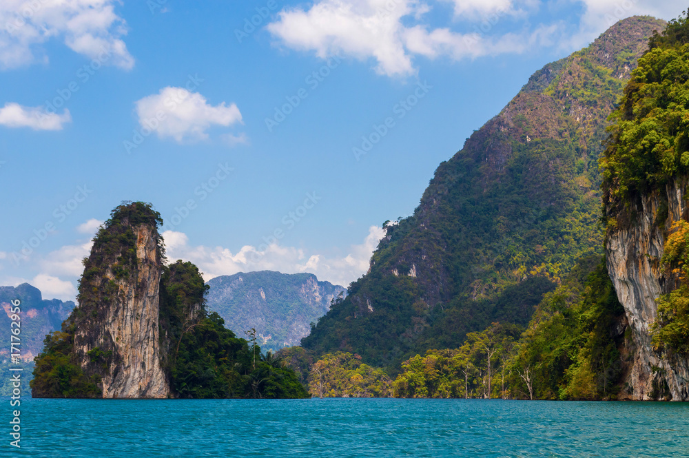 Beautiful mountains lake river sky and natural attractions in Ratchaprapha Dam at Khao Sok National Park, Surat Thani Province, Thailand Beautiful mountains lake river sky and natural attractions in Ratchaprapha Dam at Khao Sok National Park, Surat Thani Province, Thailand