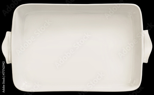 Large Off White Oblong Rectangular Ceramic Baking Pan Isolated On Black Background