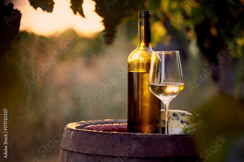 Fototapeta Naklejka Na Ścianę i Meble -  Glass of white wine and bottle with food at sunset