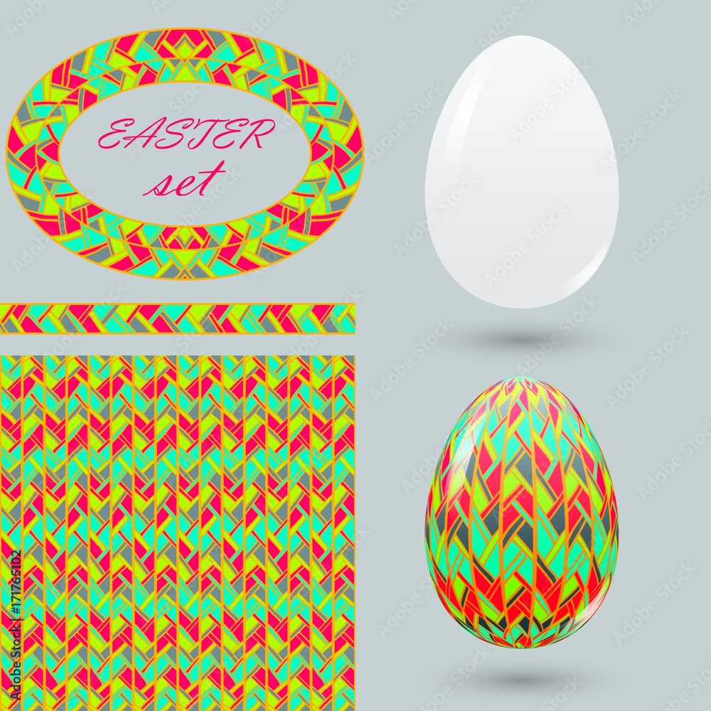 Set with painted Easter eggs and design details zenart style. Motley spring ornamental brush seamless pattern and frame for announcements, greeting cards, posters, advertisement.