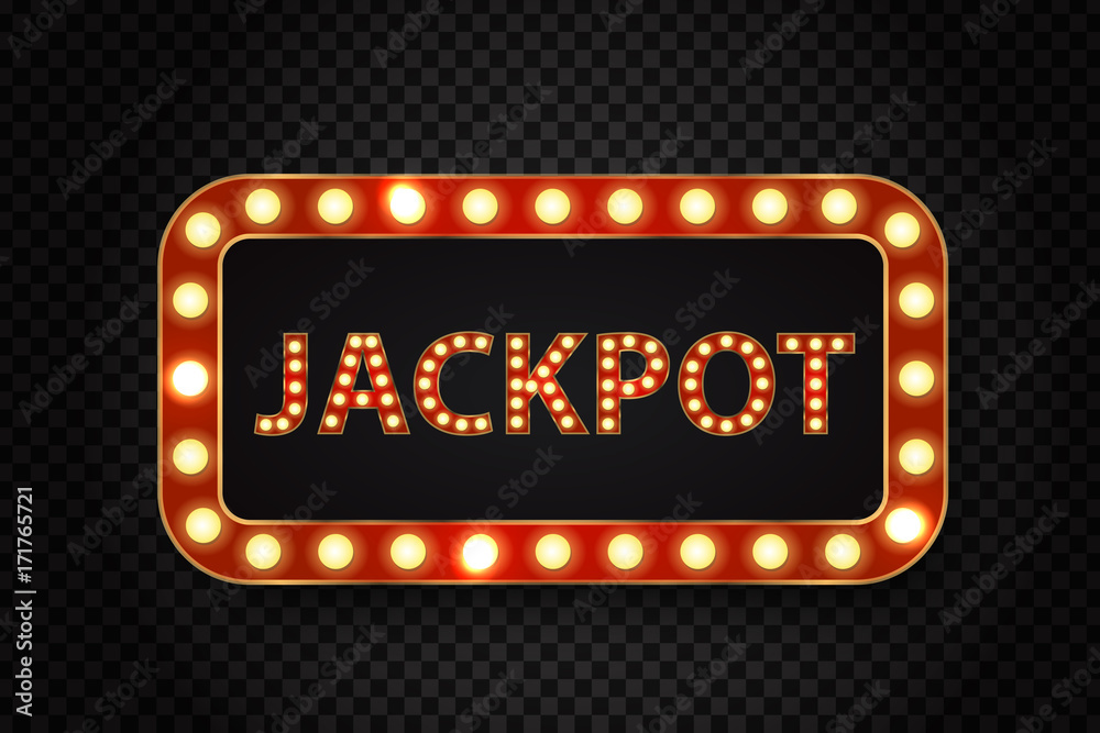 Naklejka premium Vector realistic isolated retro neon billboard for jackpot with glowing lamps on the transparent background. Concept of slot win, casino and award ceremony.