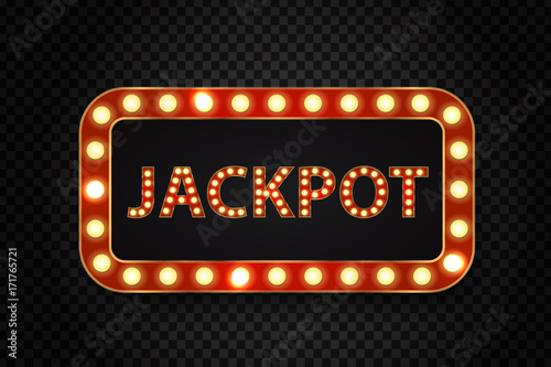 Vector realistic isolated retro neon billboard for jackpot with glowing lamps on the transparent background. Concept of slot win, casino and award ceremony. photo