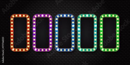 Vector set of realistic isolated vertical retro sign neon billboards on the wall background. Template for vintage decoration and signboard.