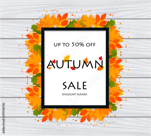 Autumn sale poster 50  banner. Autumn yellow leaves. Discount text. Vector design for shop leaflet or web banner on white background.