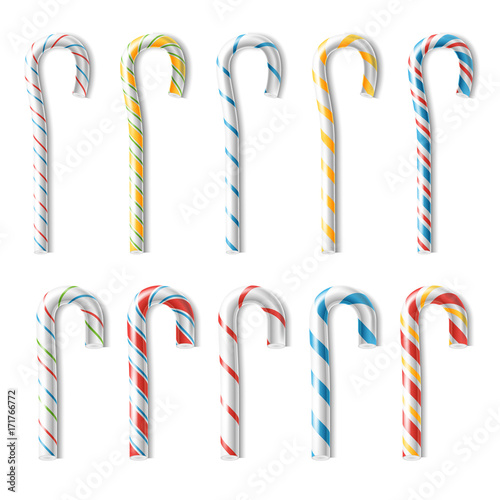 Realistic Candy Cane Vector. Classic Stick Christmas Candy Cane. Set Isolated On White. Top View. Good For Xmas Card And New Year Design. Realistic Illustration