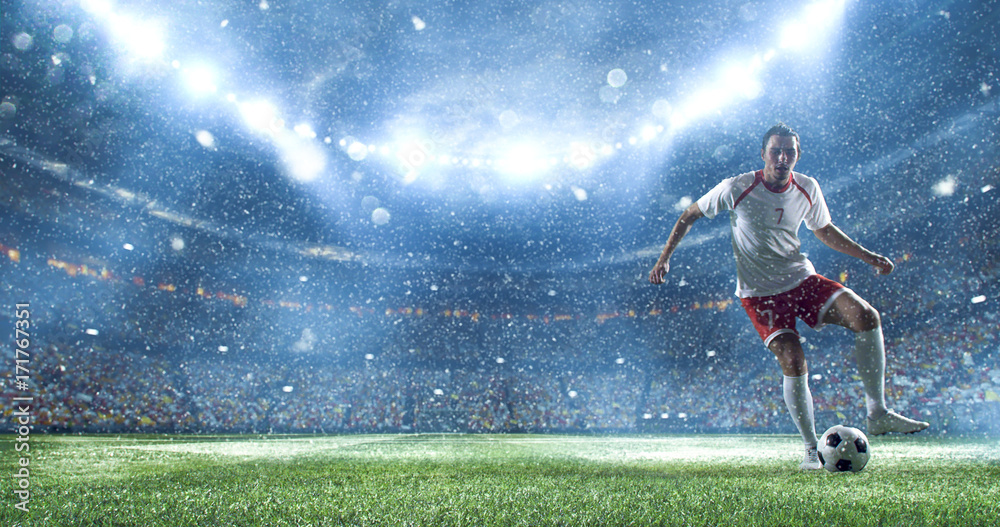 Soccer player kicks the ball on the soccer stadium. He wear unbranded sports clothes. Stadium and crowd made in 3D.