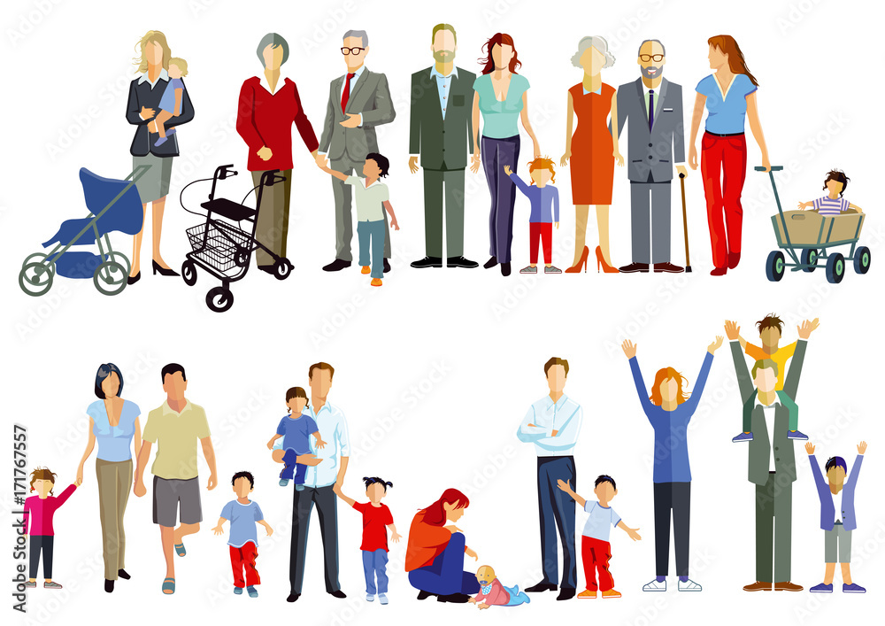 Gruppenbild von Familien, Generation beisammen, illustration