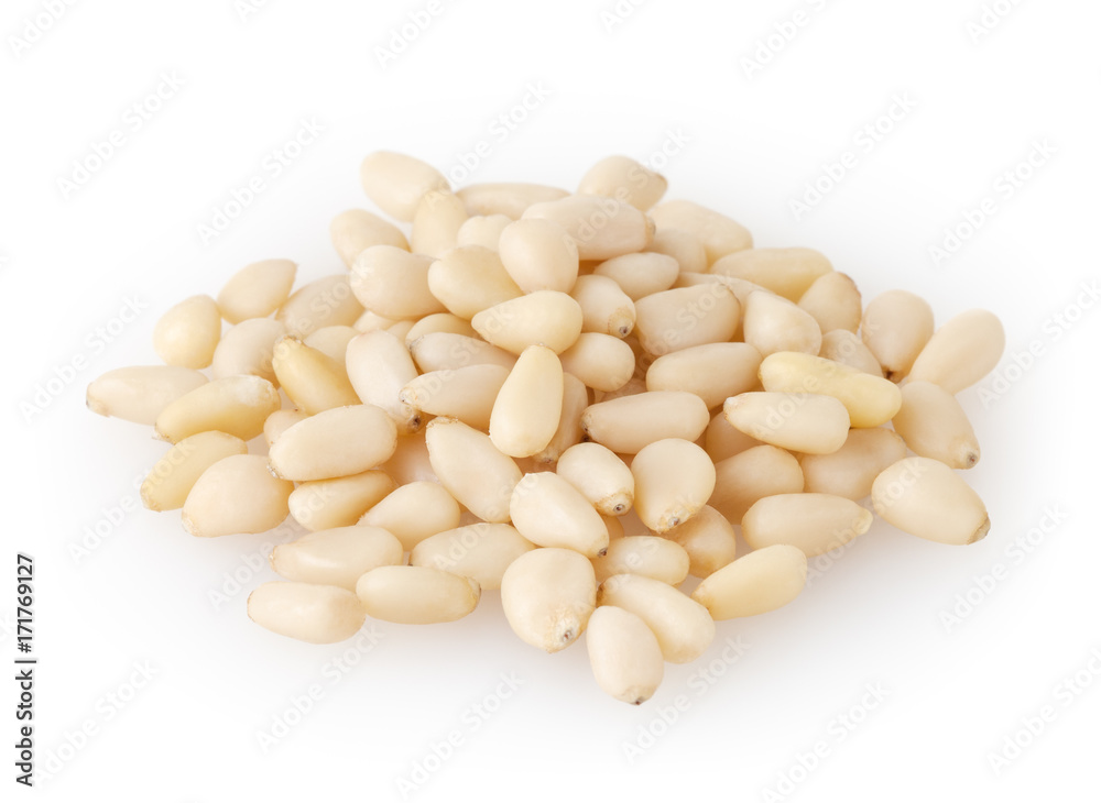 Shelled cedar pine nuts isolated on white background with clipping path Shelled cedar pine nuts isolated on white background with clipping path