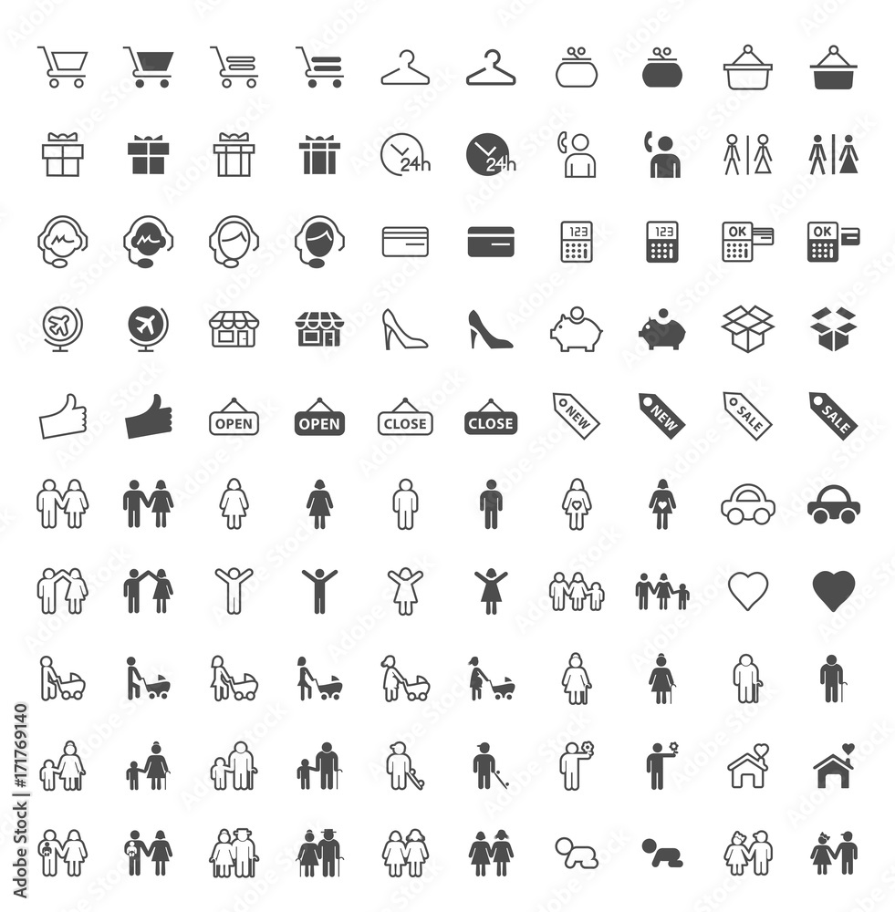 Set of 100 Family and Shopping Minimal and Solid Icons on White Background . Vector Isolated Elements Set of 100 Family and Shopping Minimal and Solid Icons on White Background . Vector Isolated Elements