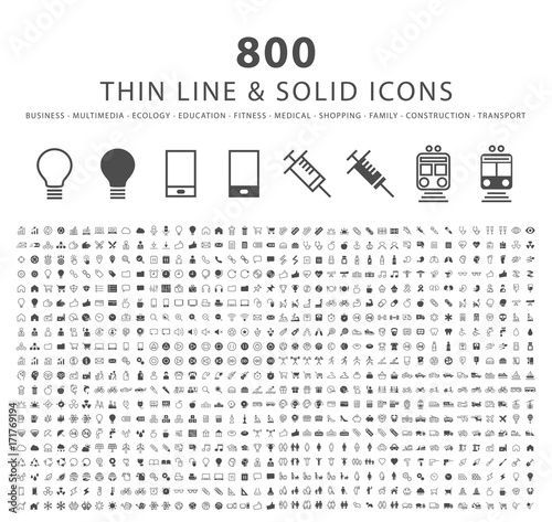 Set of 800 Minimal Thin Line and Solid Icons ( Multimedia Business Ecology Education Fitness Medical Family Shopping Transport and Constrction ) . Vector Isolated Elements