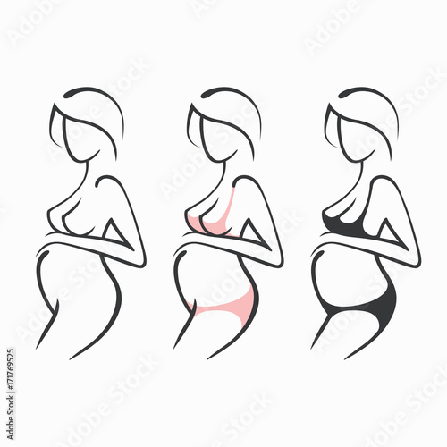 Set of drawing linear beautiful pregnant girl in dark, pink, clothes, nude figure. Birth of a child. Vector graphic illustration, draw silhouettes for design