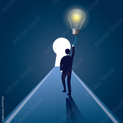 Businessman and Lighbulb as Idea Solution Symbol. Vector Illustration