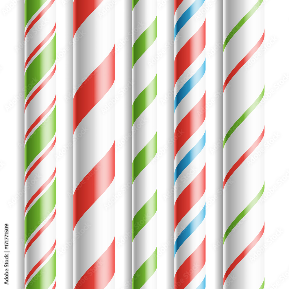 Christmas Candy Cane Vector. Horizontal Seamless Pattern Isolated On White. Good For Christmas Card And New Year Design. Realistic Illustration