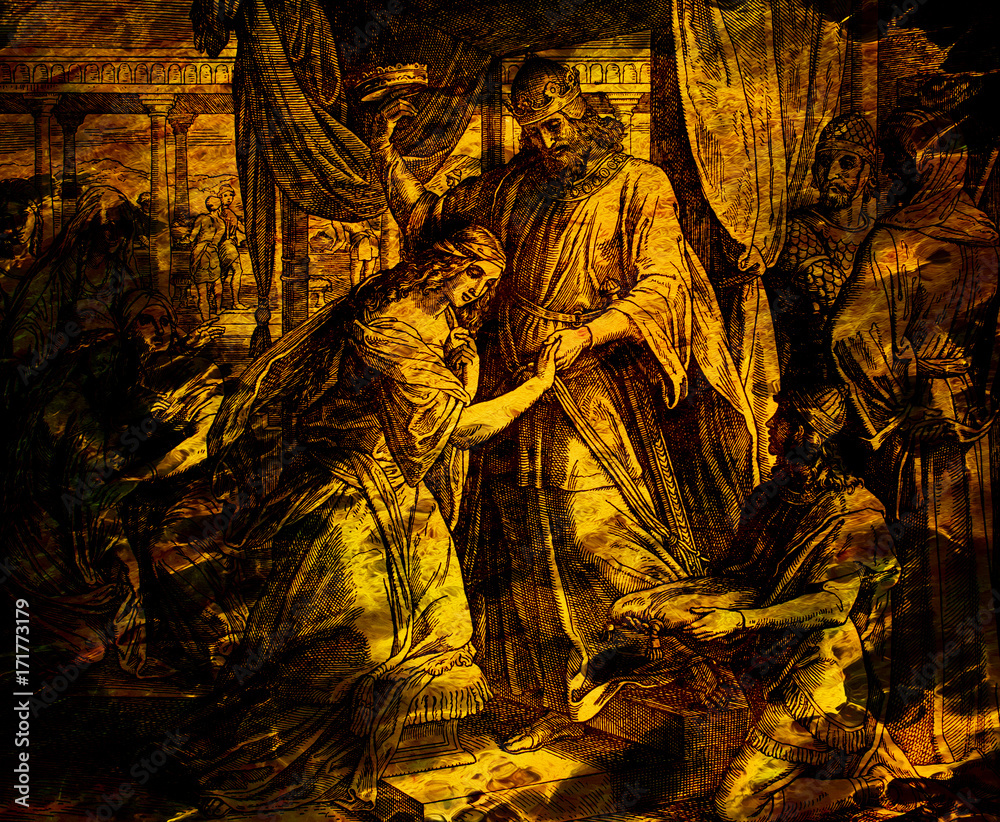 The story of Ester, graphic collage from engraving of Nazareene School ...