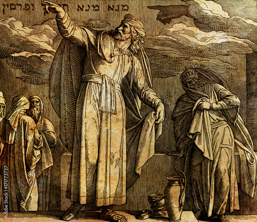 The writing on the wall, Daniel and king Belshazzar, graphic collage from engraving of Nazareene School, published in The Holy Bible, St.Vojtech Publishing, Trnava, Slovakia, 1937.