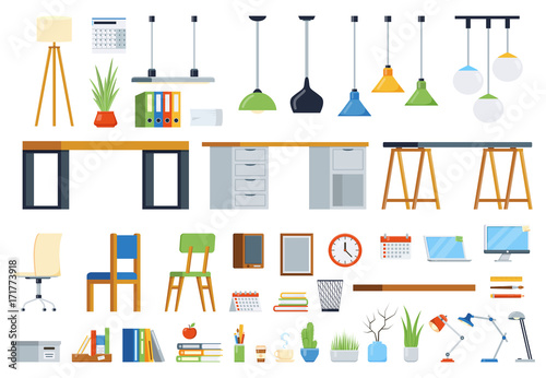 Office furniture, accessories and plants. Creation kit of workplace. Set of vector elements