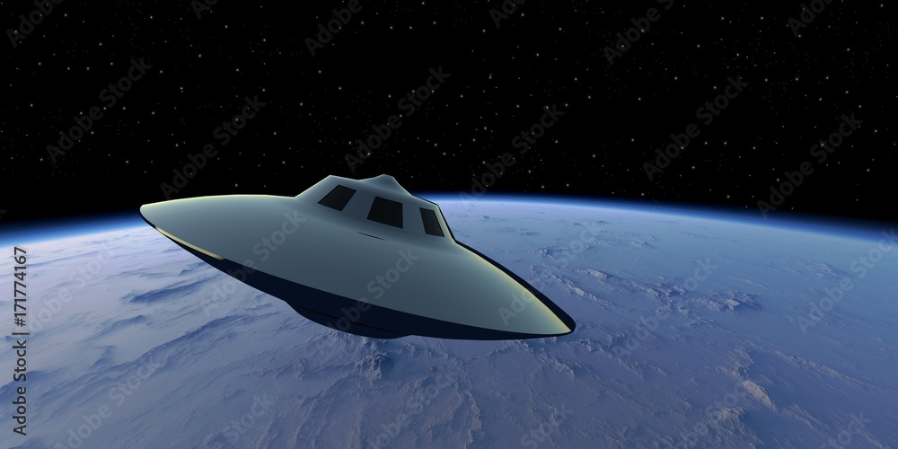 Extremely detailed and realistic high resolution 3d illustration of an alien ufo space ship flying above an earth like exoplanet Extremely detailed and realistic high resolution 3d illustration of an alien ufo space ship flying above an earth like exoplanet