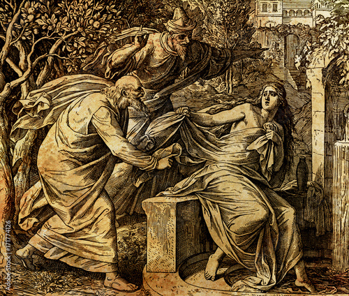 Φωτογραφία two old men chasing passionately young woman Susanne, graphic collage from engraving of Nazareene School, published in The Holy Bible, St