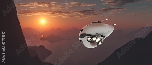 Extremely detailed and realistic high resolution 3d illustration of a futuristic looking drone / space ship flying on an earth like exoplanet