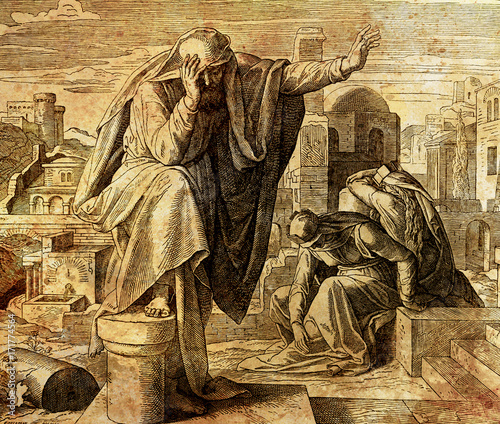 Fényképezés The cry of Jeremiah the prophet, graphic collage from engraving of Nazareene School, published in The Holy Bible, St