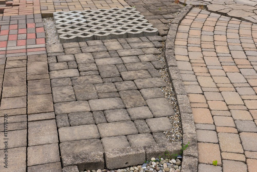 Fototapeta premium Contractor's display of various materials for patio work.