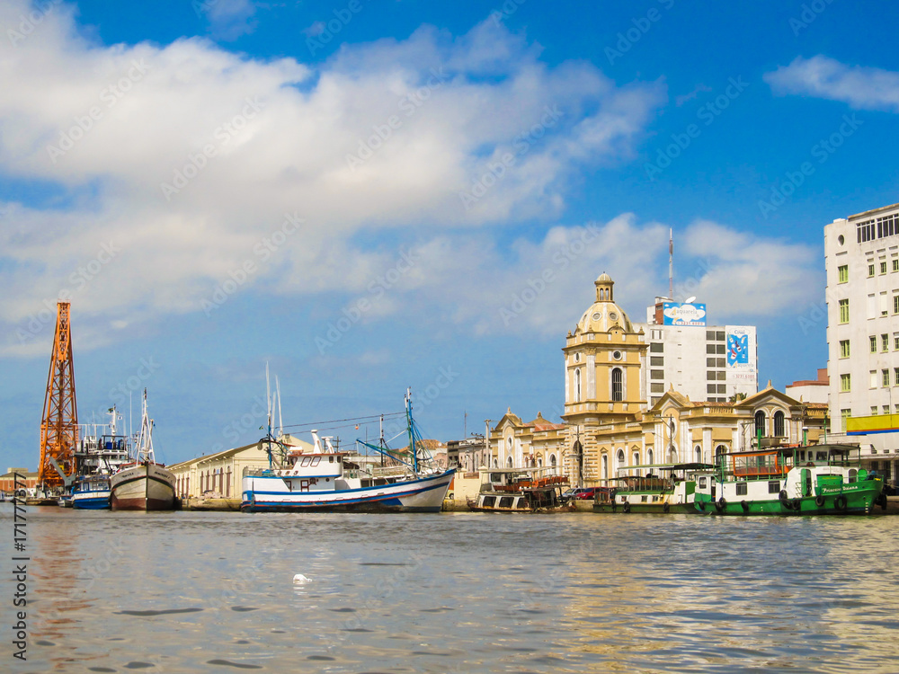 Fototapeta premium Rio Grande, Brazil - Circa January 2012: A view of Rio Grande's harbor and the Public Market historic building - Rio Grande is the oldest city of Rio Grande do Sul state