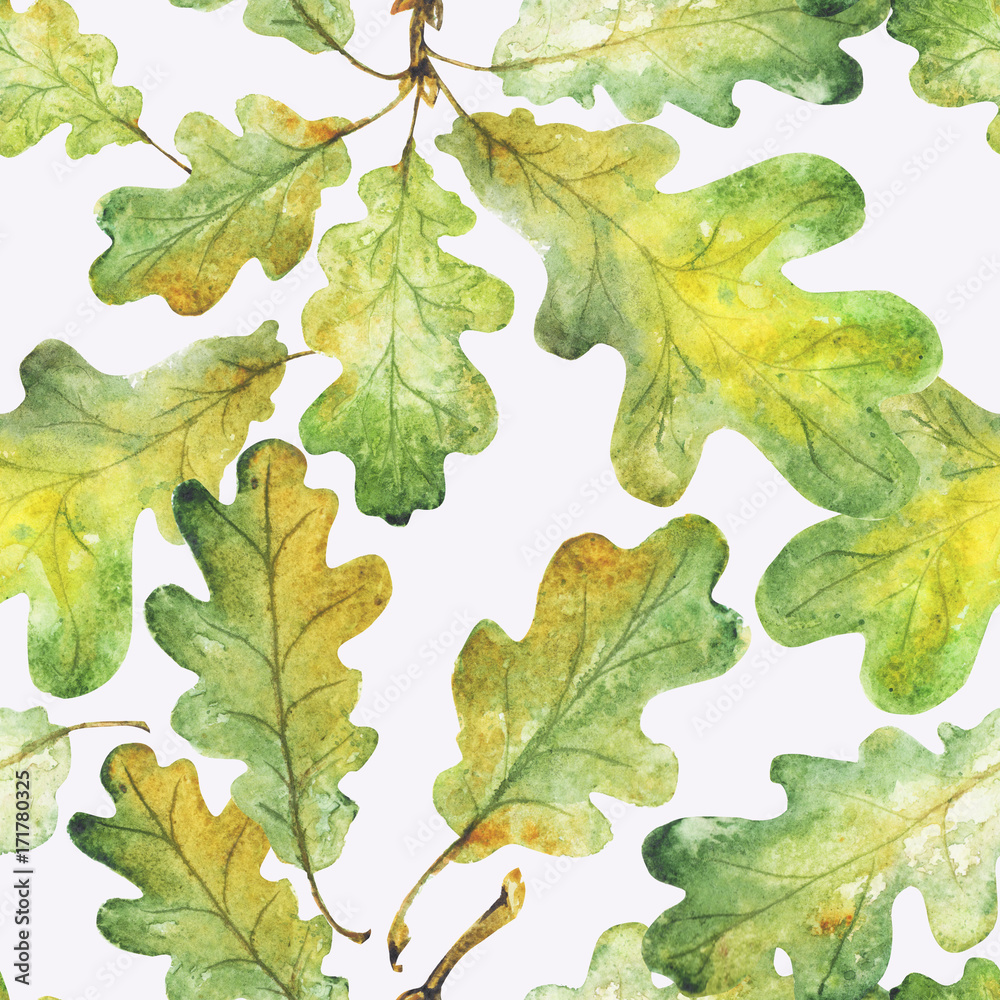 Fototapeta premium Bright green watercolor autumn oak leaves. pattern. Watercolor
