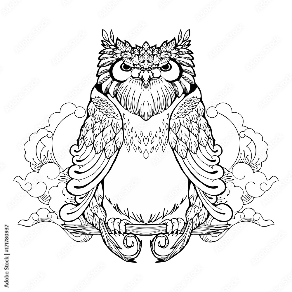owl and cloud tribal zen tangle tattoo with white isolated background Stock  Vector | Adobe Stock