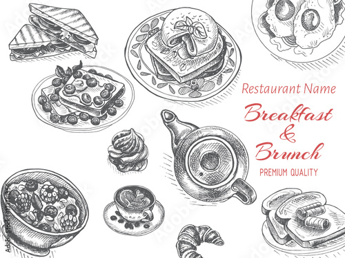 Vector illustration sketch - breakfast. Card Menu brunch. vintage design template, banner.