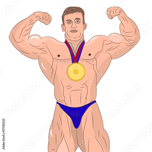 Muscular male bodybuilder showing biceps. On white background.